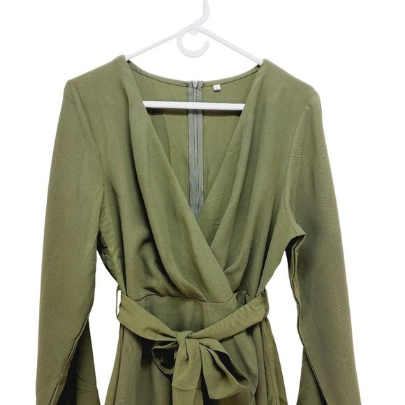Green Long-Sleeve V-Neck Wrap Dress With Ruffle Hem & Tie Waist - Size L - Picture 6 of 12